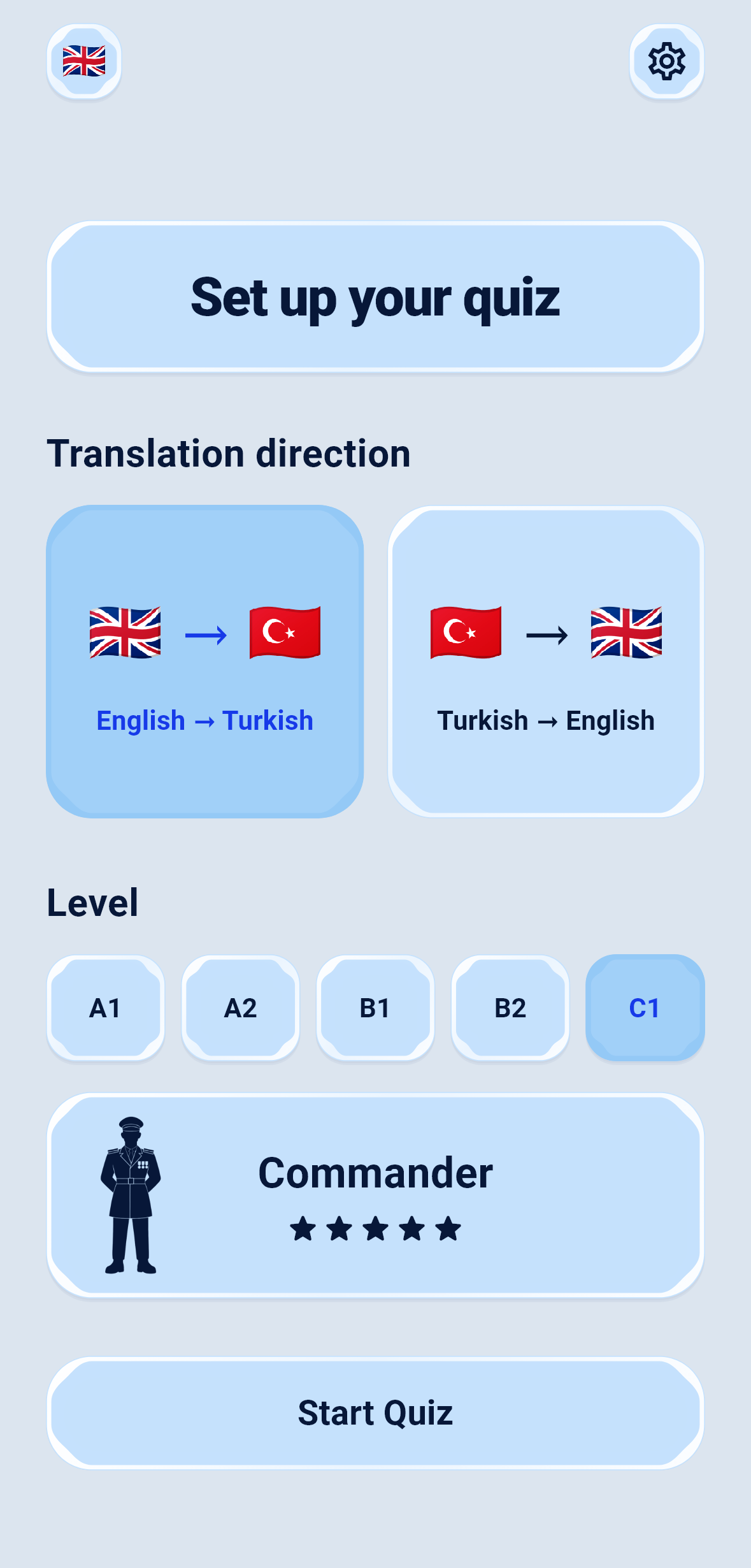 The English home screen of the Vocab Army app, with C1 Commander and English to Turkish selected.